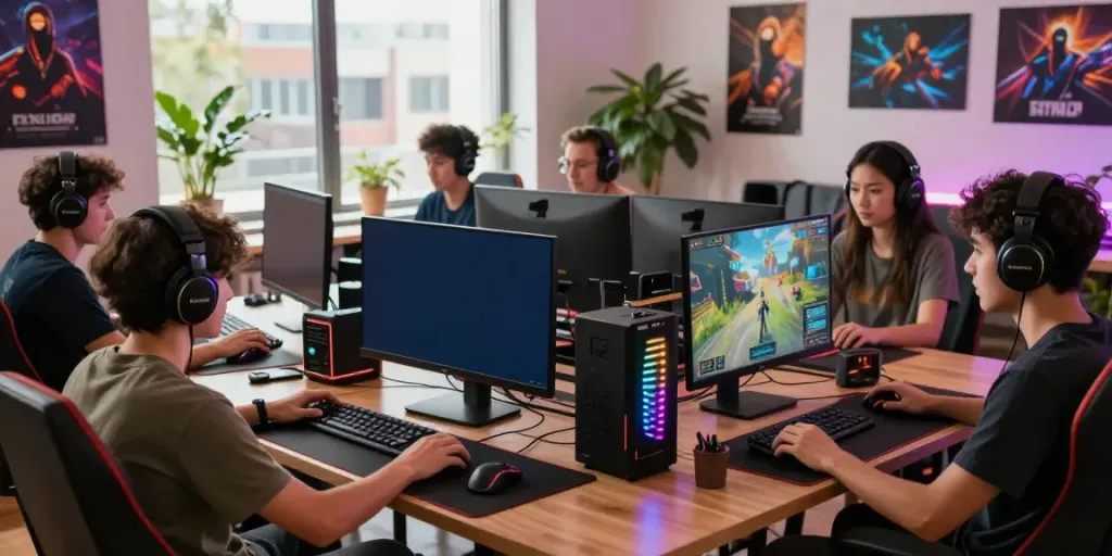 Online gamers engaged at home with vibrant setups featuring https://man88pro.com/ gaming visuals and lively atmosphere.