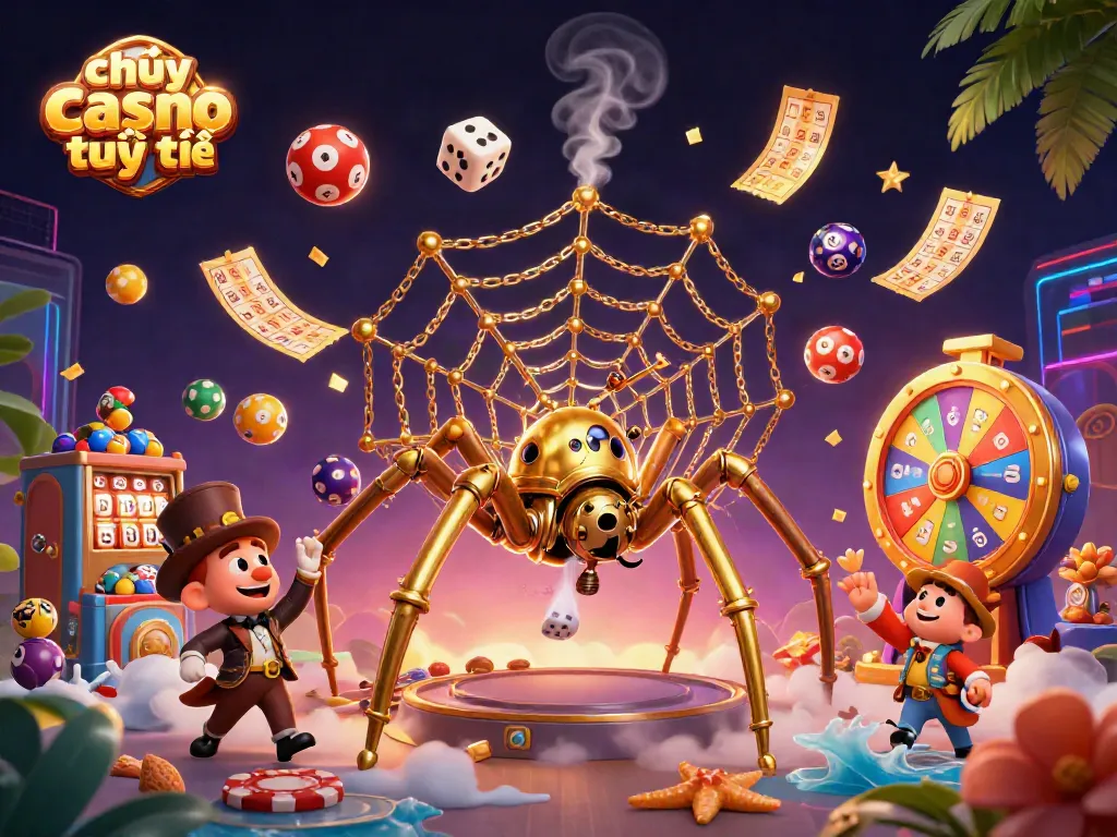 Chơi casino trực tuyến với hình ảnh ấn tượng của nhện steampunk và xúc xắc hạnh phúc.