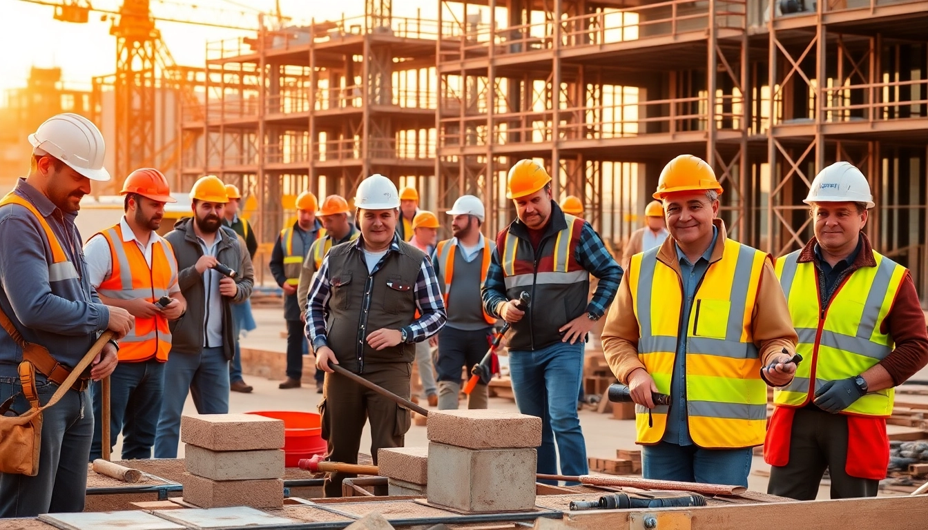 Workers actively engaged in diverse construction careers at a lively job site.