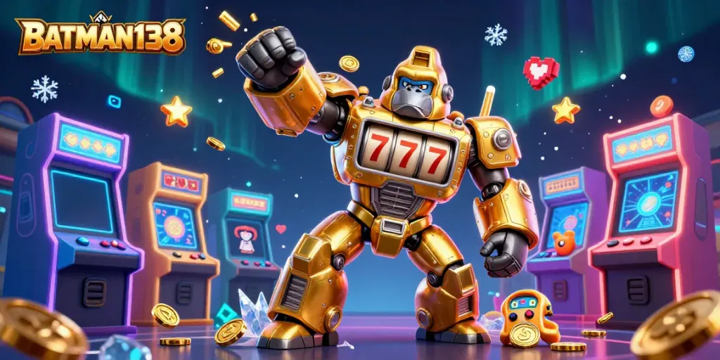 Experience BATMAN138 with exciting 3D art depicting a golden gorilla mech and vibrant game elements.