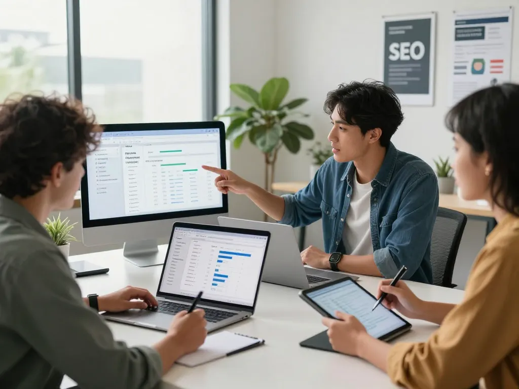 Team collaborating on group buy SEO tools project in modern office, showcasing digital marketing strategies.