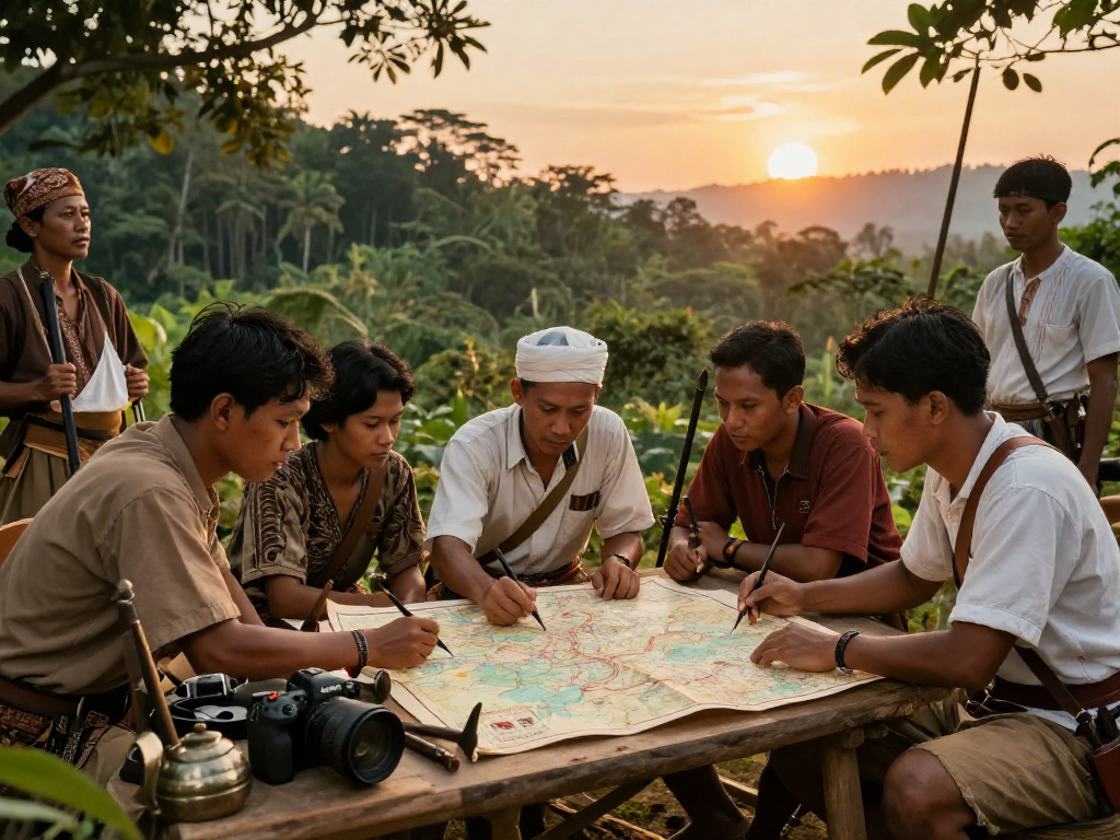rokok88 login scene showing freedom fighters strategizing for Indonesia's independence