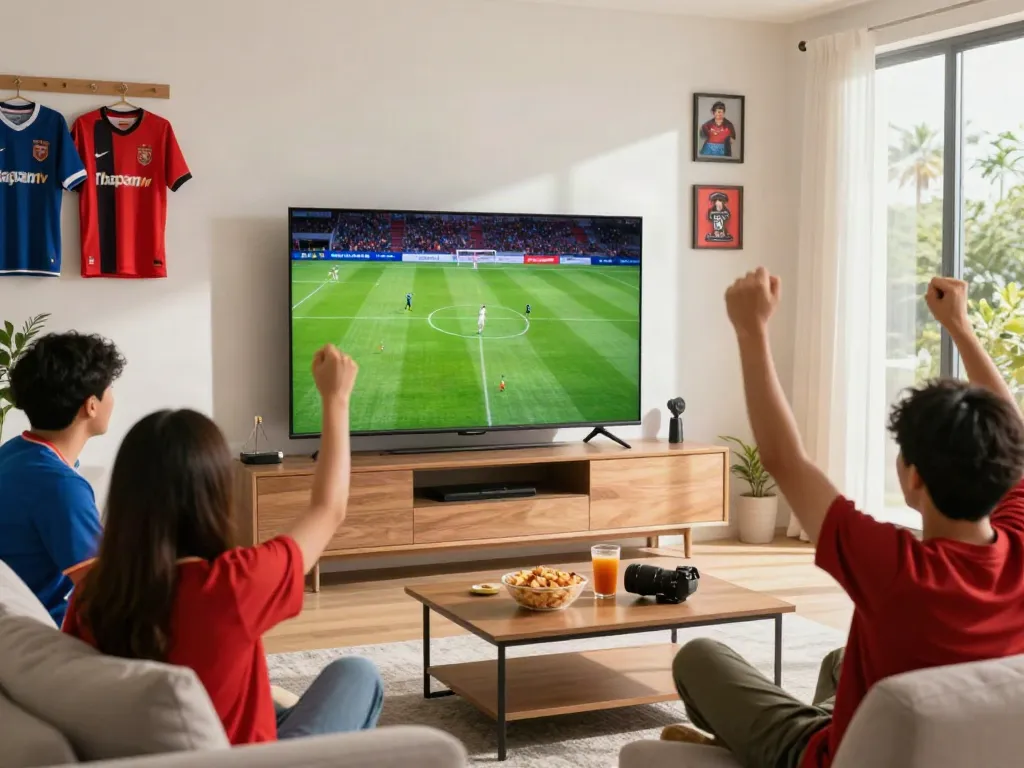 Exciting football match broadcast from Thapcamtvlive.live creating a lively atmosphere in a fan's living room.