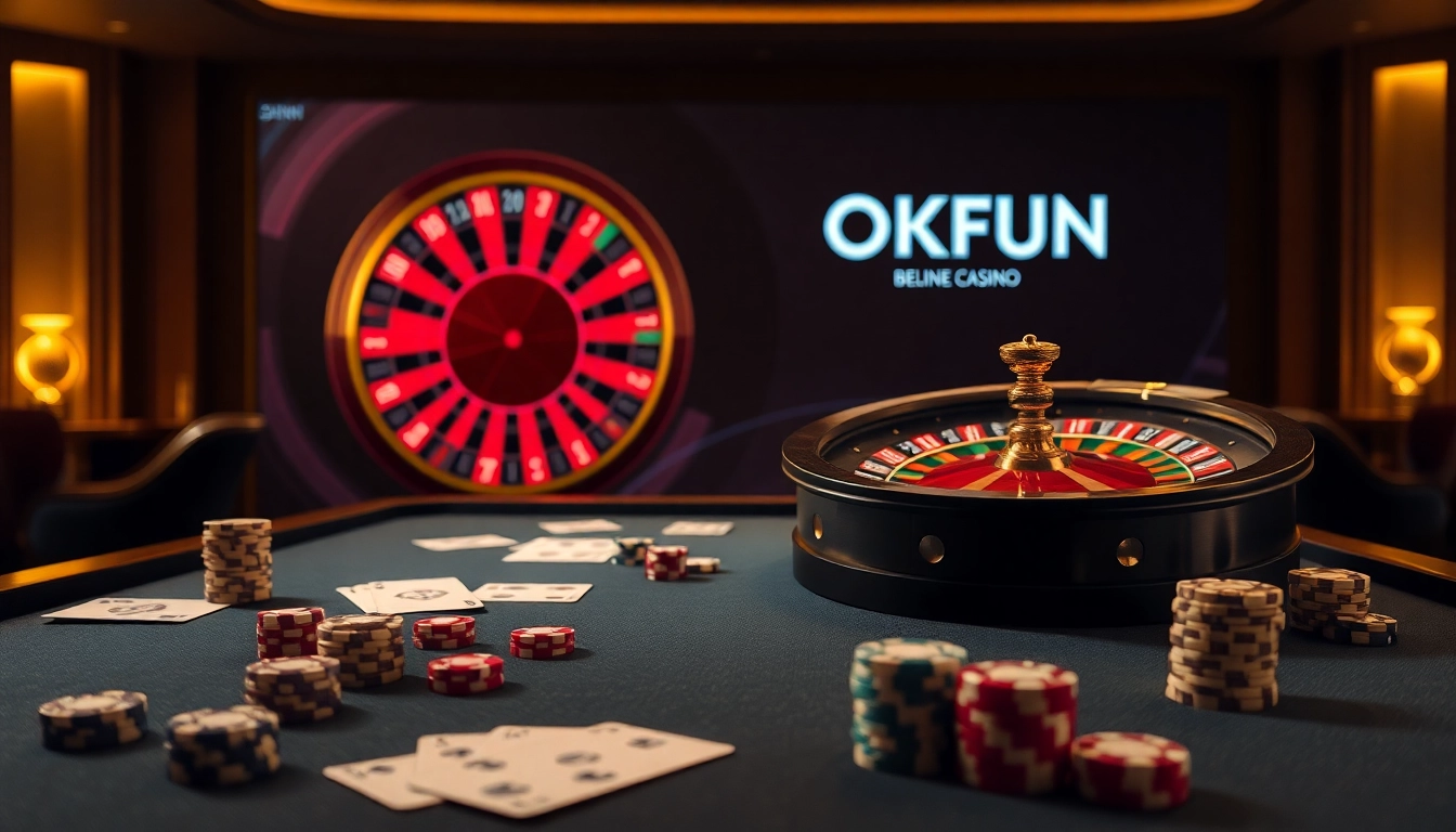 Engaging poker game action with vibrant casino elements and the OKFUN logo.