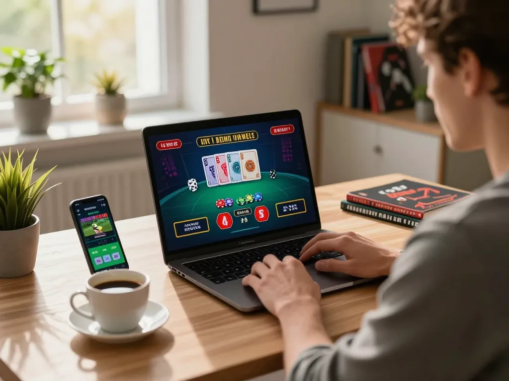 Enjoying an online game on 33winn with laptop and smartphone in a modern home office.