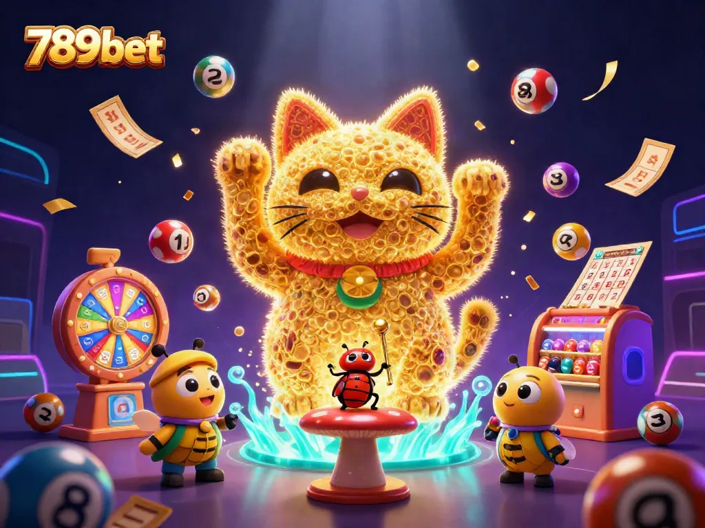 Engage with the vibrant world of 789bet as a lucky cat beckons, surrounded by colorful lottery elements.