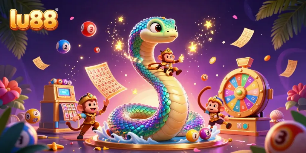 Experience the thrilling fun of lu88's vibrant lottery games with an animated serpent and monkey king.