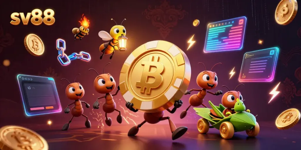 Engage with sv88's thrilling heist scene, showcasing animated ants escaping with a golden chip amidst crypto elements.