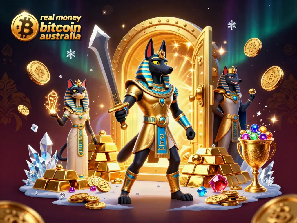 Engage with real money bitcoin casinos Australia through a vibrant 3D scene of Anubis and Bastet amidst gold and crypto treasures.