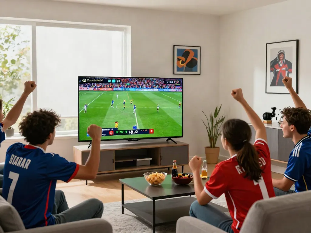 Fans enjoying a live match on https://socolive8.media/ in a vibrant setting with snacks and drinks.