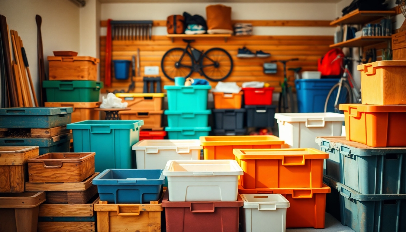 Organized storage box display in a garage showcasing diverse storage solutions.