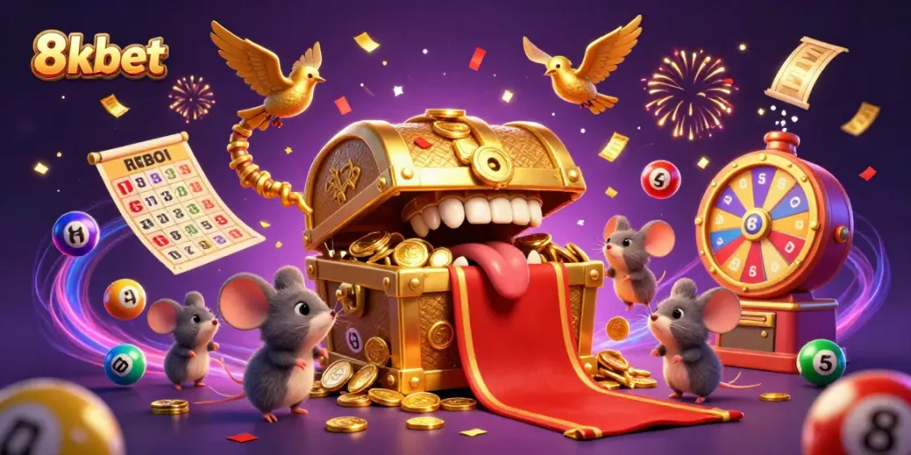 Experience the lively atmosphere of 8xbet with colorful lottery balls and animated casino elements.