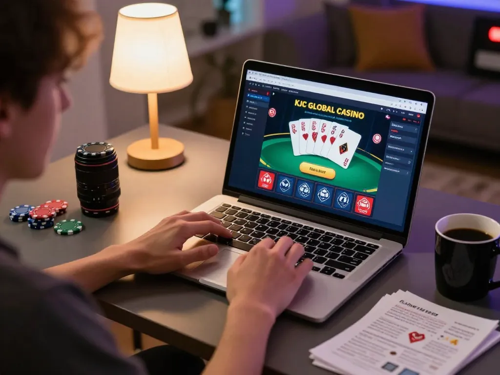 Engaging with kjc global online casino, player strategizing with poker interface at home setup.