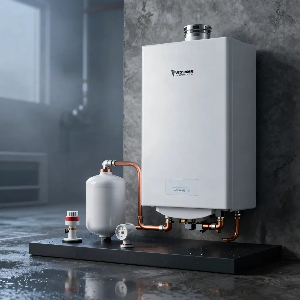 Boiler with copper lines, expansion vessel, thermostat puck and filter hardware in a dark utility room.