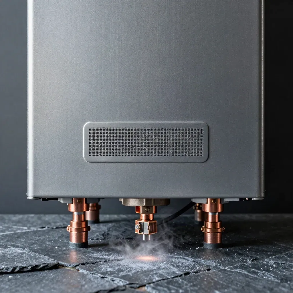 Macro of a combi boiler's charcoal steel skin, copper couplers and vent details against slate.