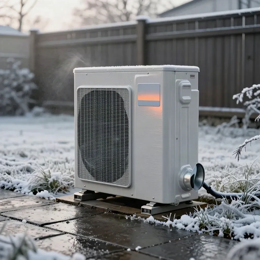 Heat pump condenser in a snowy yard beside wet pavers, vent elbow, and service box