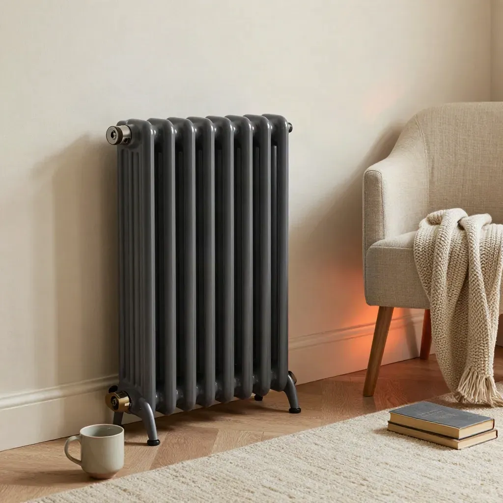 Oil-filled radiator beside a linen chair, knit throw, mug, and book in a cozy reading corner.