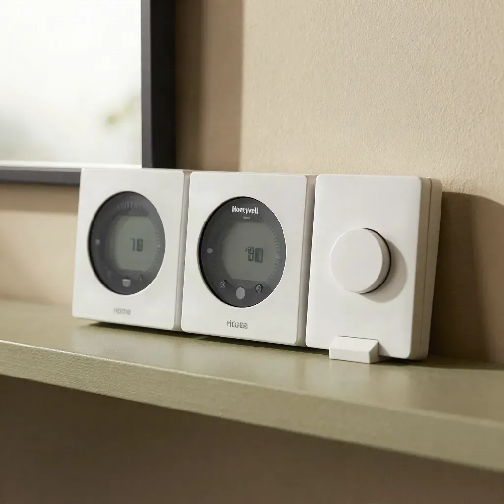 Thermostat, sensor puck, wall plate and dock on a khaki shelf in soft daylight