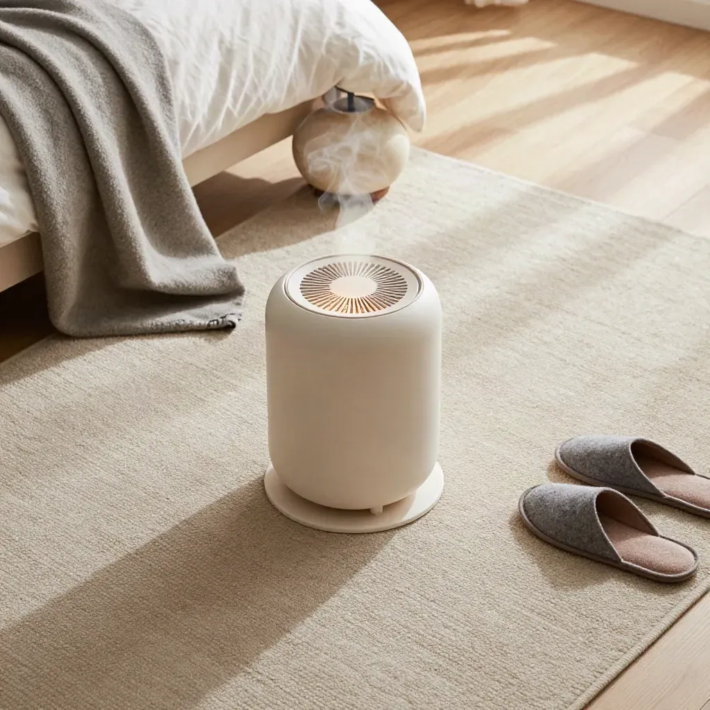 Overhead view of a space heater on a cozy rug with blanket, slippers and lamp base.