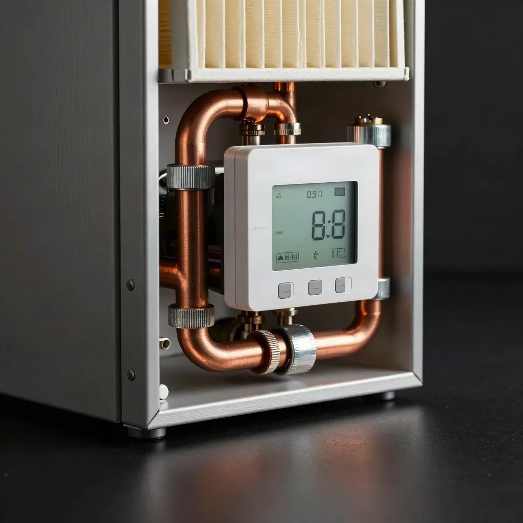 Extreme macro of furnace, thermostat, filter, copper piping and duct collars on dark studio surface.