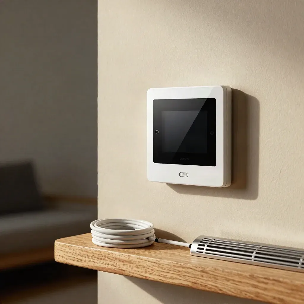 Smart thermostat on a warm plaster wall with a spare plate, sensor puck, and quiet utility-room details.