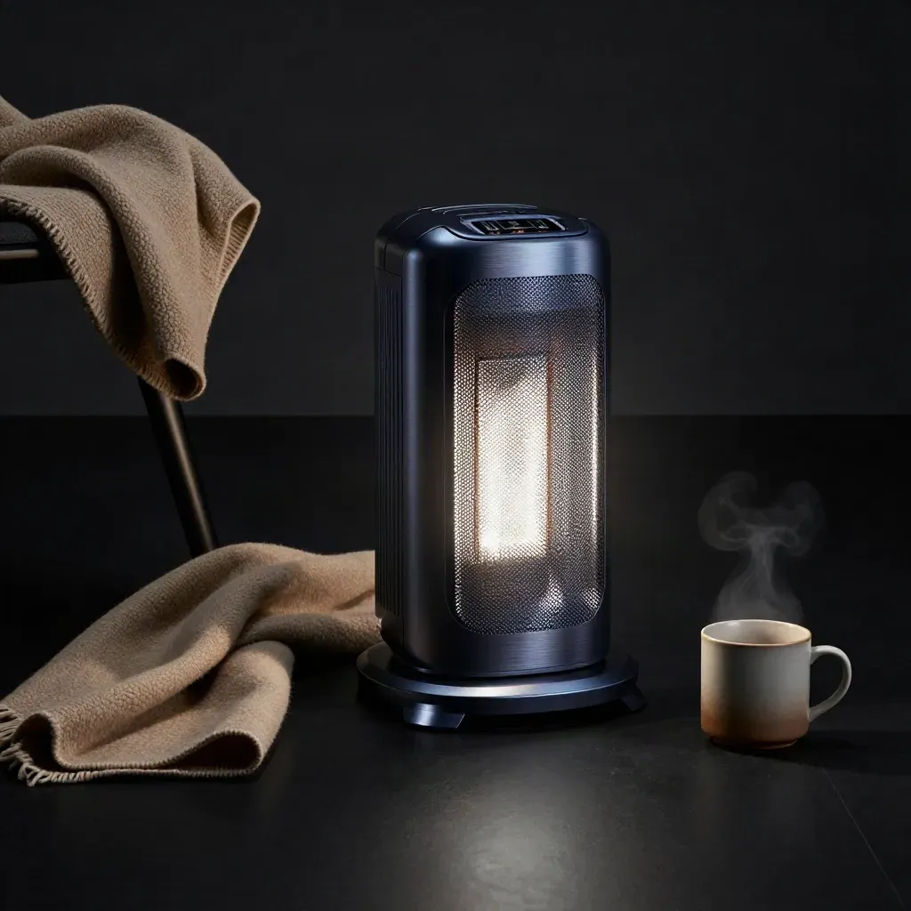 Infrared heater glowing beside a throw, mug, and chair leg on a dark studio surface.