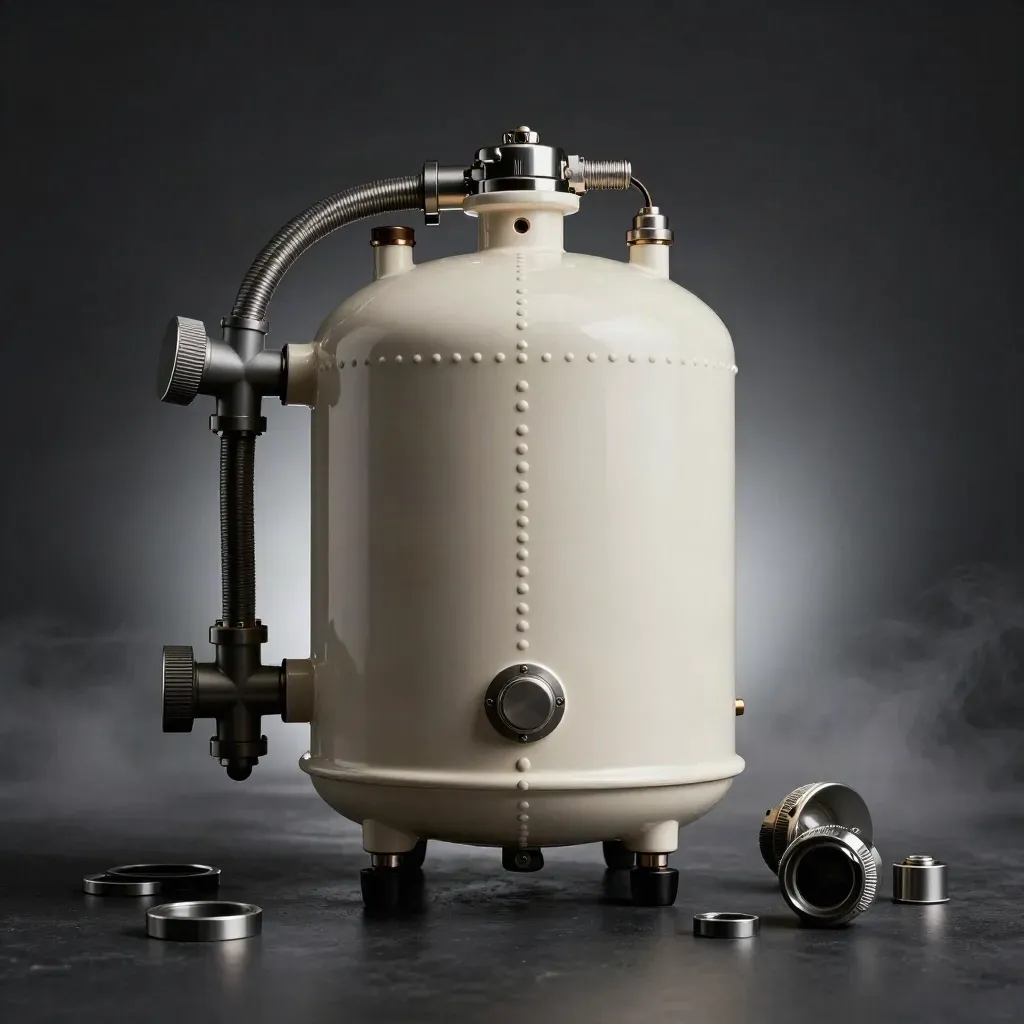 Macro studio shot of an unbranded boiler with cable loom, pipe stubs, and floating service parts.