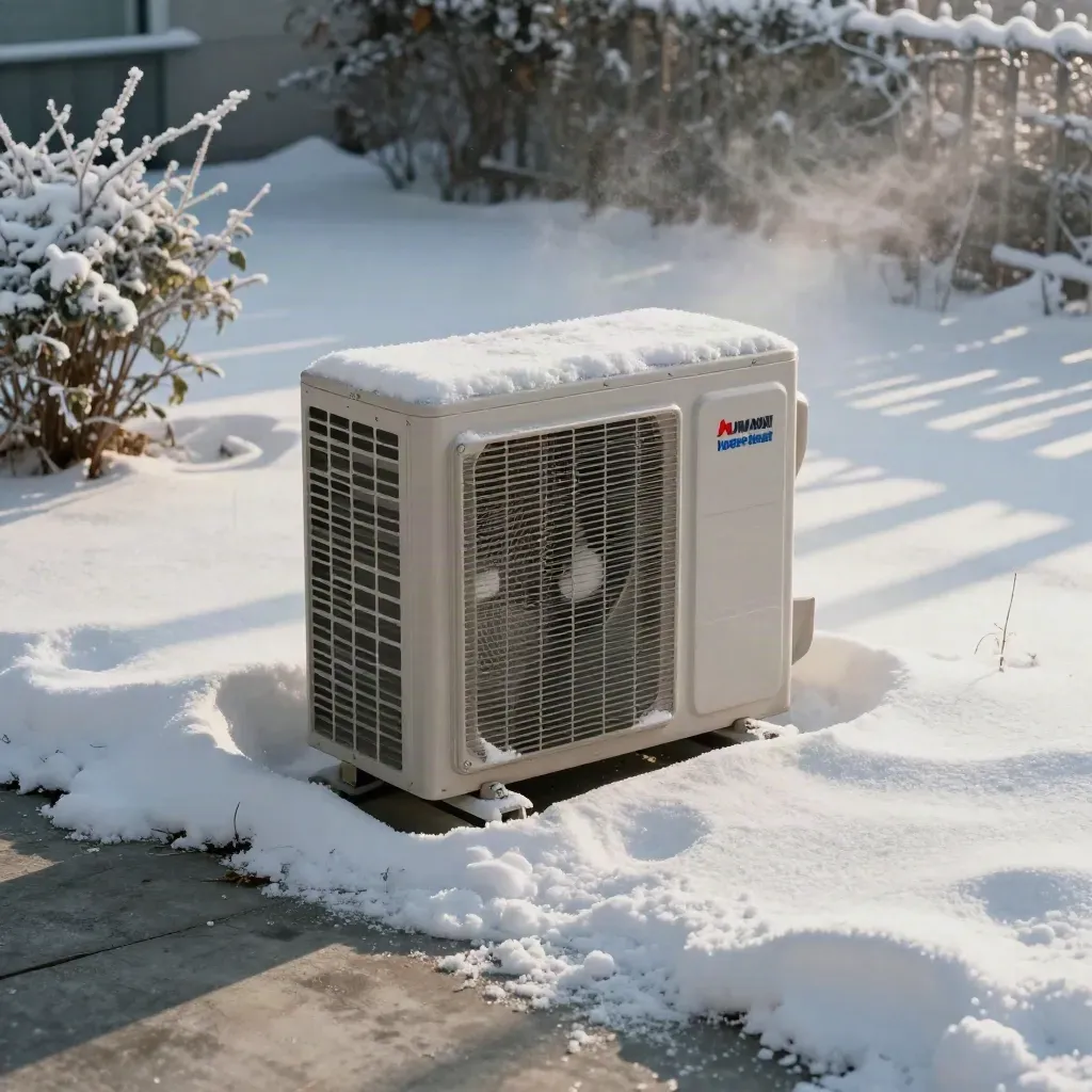 Outdoor heat pump unit half-buried in snow beside frosty shrubs and a concrete pad.