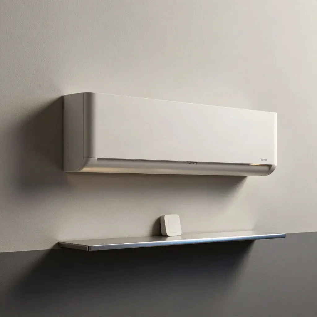 Wall-mounted indoor heating console above a plaster dock, softly lit against a minimal wall.