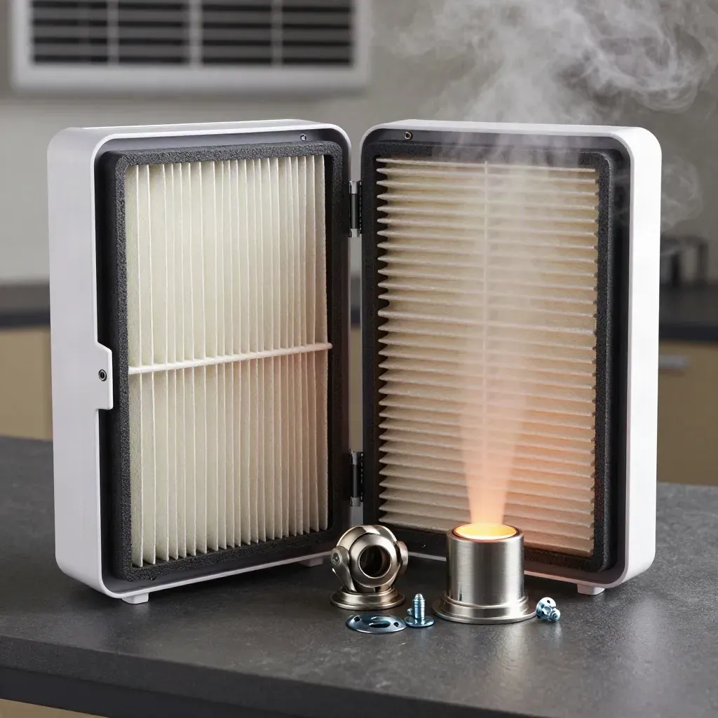 Open humidifier with visible filter media and duct parts on a dark workbench