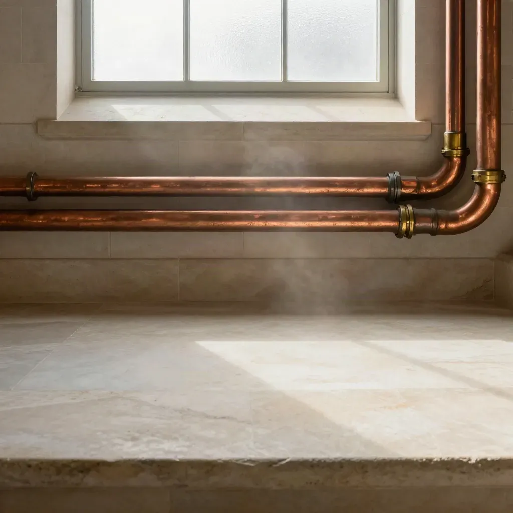 Sunlit limestone mechanical room ledge with copper pipes and frosted window, calm copy space below