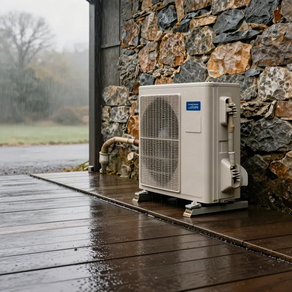 Cedar porch, stone wall, and rain-wet heat pump unit beside glossy paving.