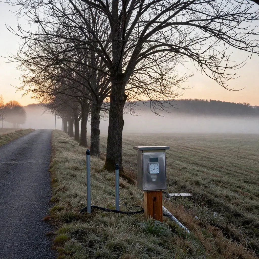 Misty orchard edge with thermostat gear beside a quiet meadow at dawn