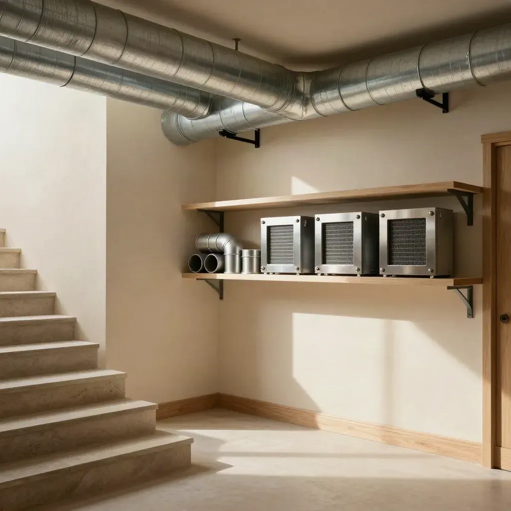 Warm staircase landing with overhead duct runs, open shelf, and calm plaster wall for copy.
