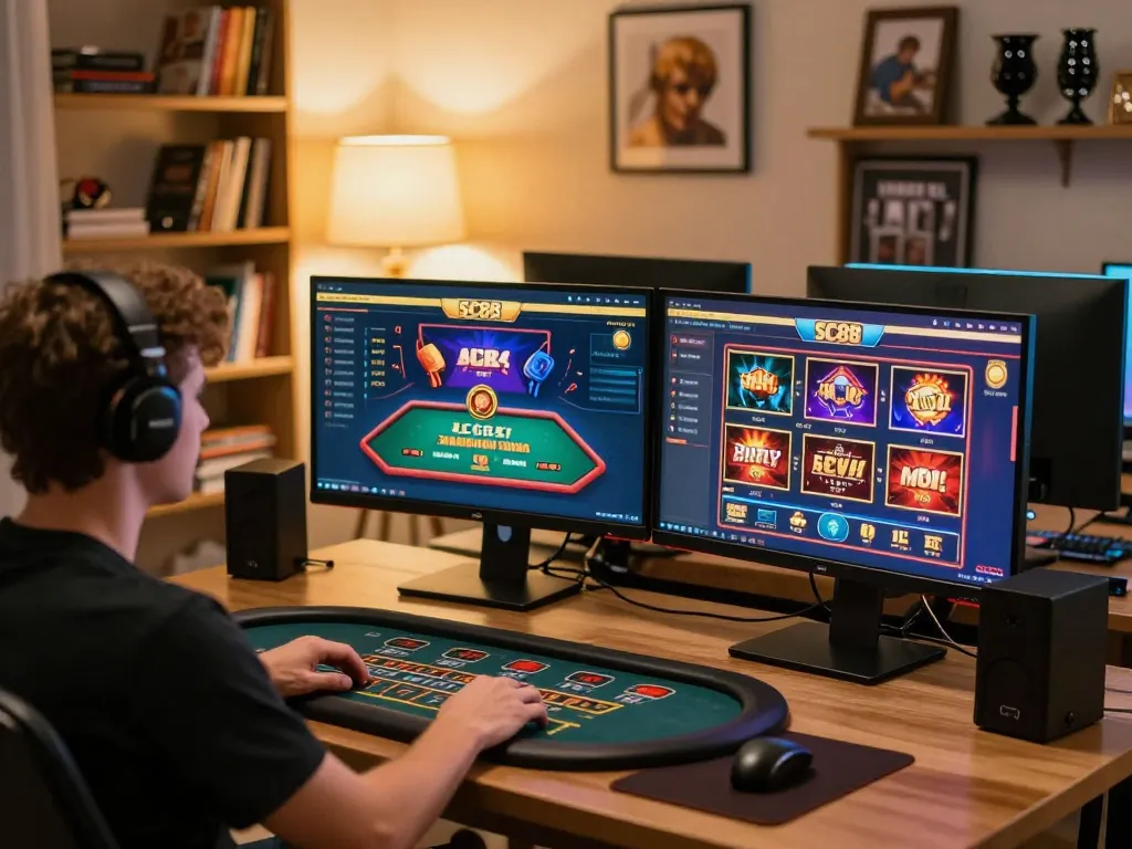 Engaged player strategizing and exploring sc88 online casino games on dual monitors in cozy home setting