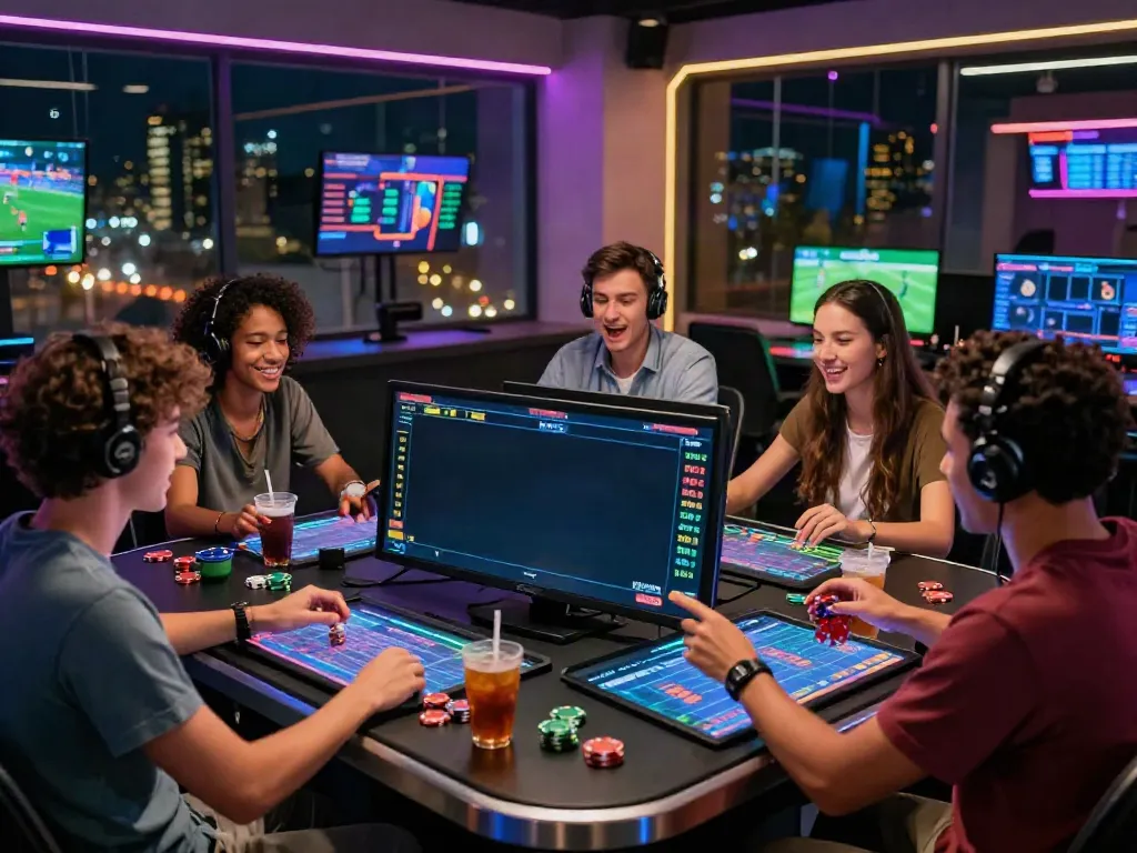 Friends enjoying the fabet online sports betting experience at a modern gaming table with interactive screens.
