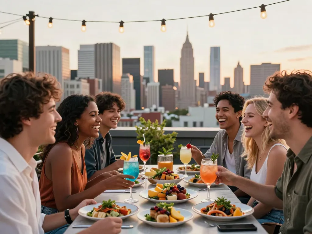 Group enjoying nohu cocktails and dishes at a rooftop restaurant with skyline view.