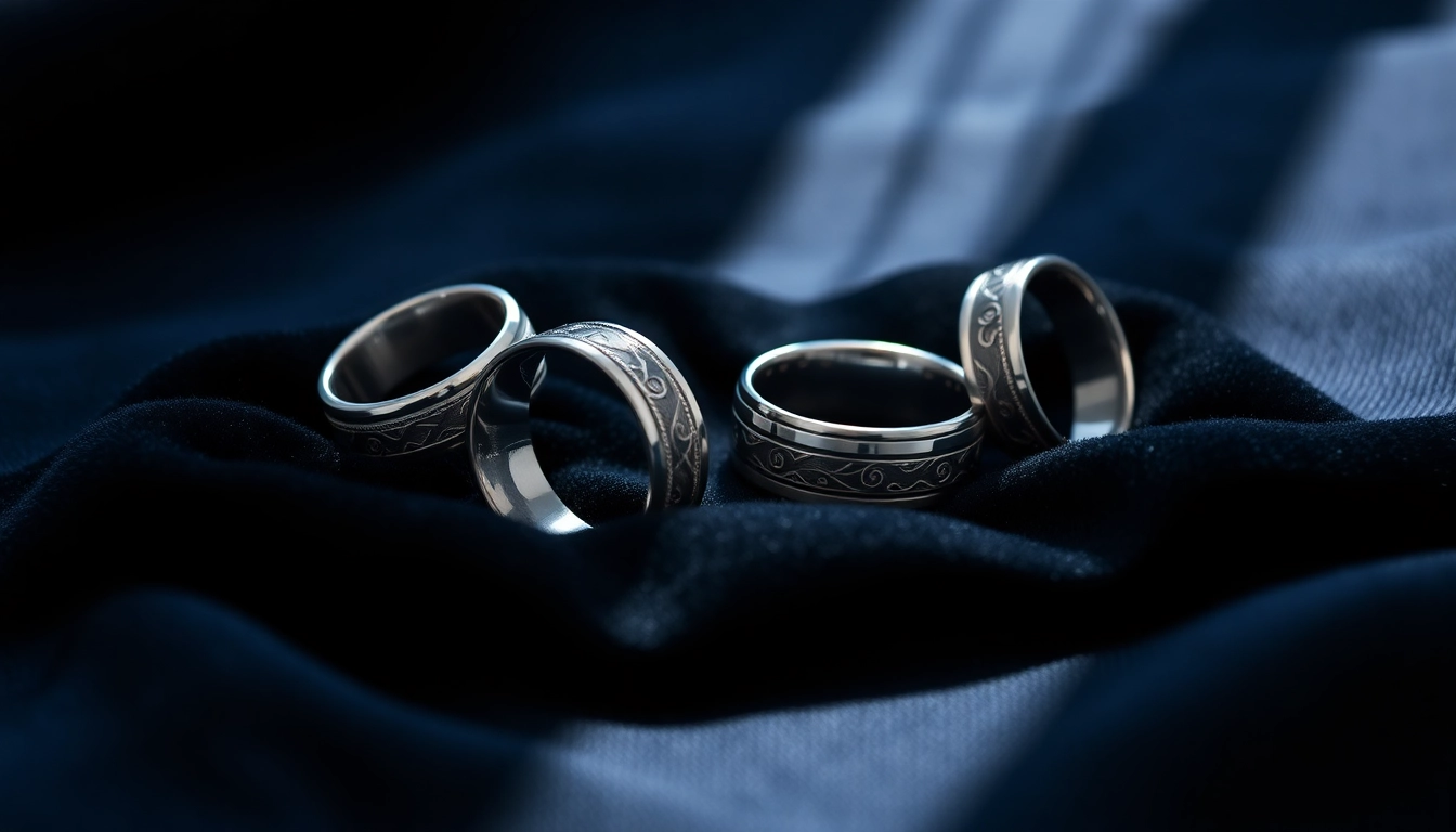 Showcasing elegant tungsten rings with intricate designs on a black velvet background.
