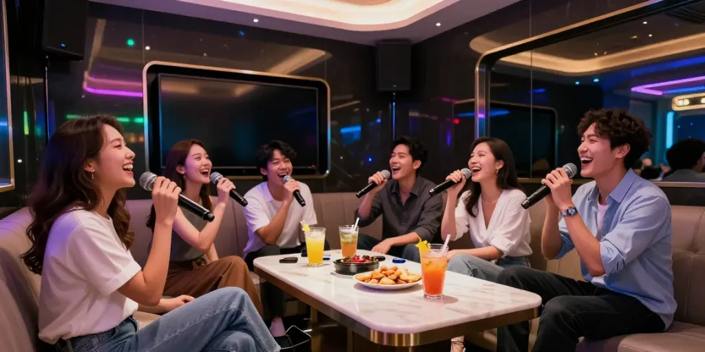 강남달토의 고급스러운 가라오케 방에서 친구들이 노래를 즐기는 모습