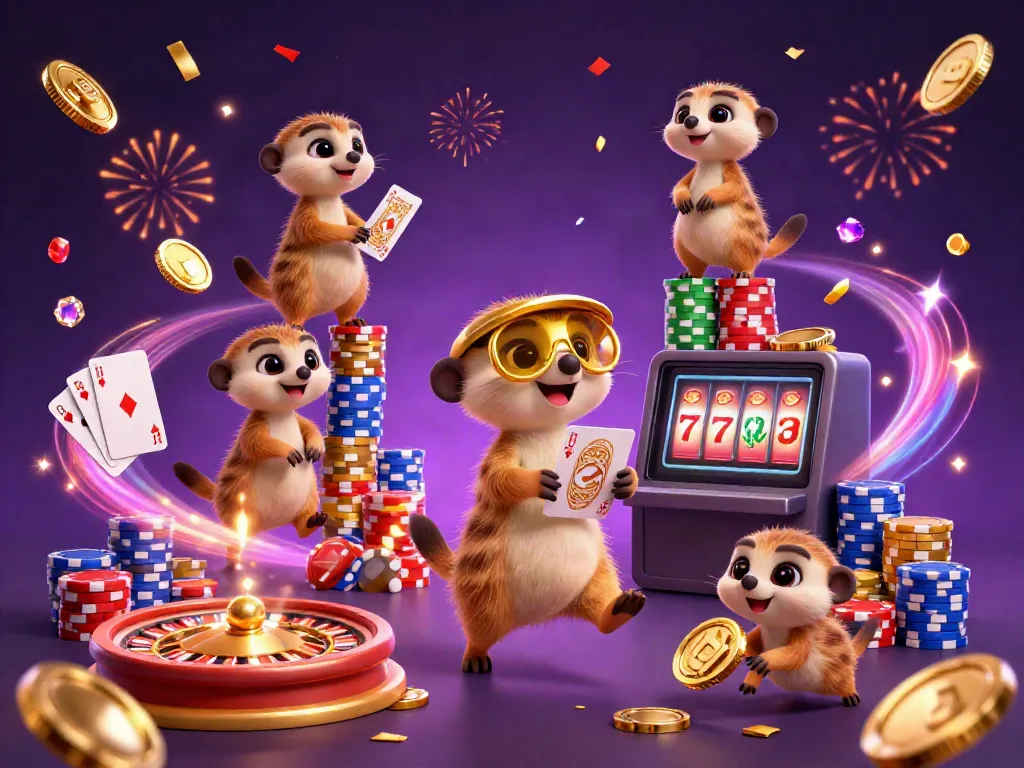 Experience the vibrant chaos of gtwin's 3D casino with meerkats, spinning roulette, and golden treasures.