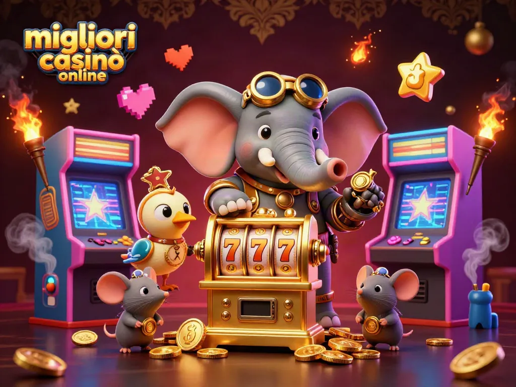 I migliori casinò online si animano in un'illustrazione vivace con simboli di slot e giochi arcade.