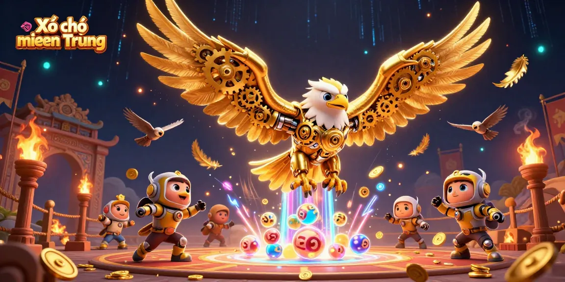 Xổ số miền Trung lottery excitement illustrated with a cybernetic eagle and dynamic game elements.