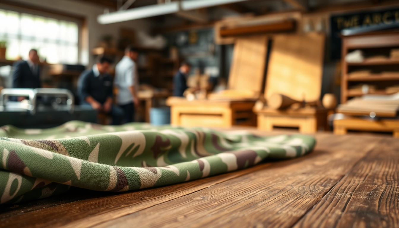 Luxe army print katoen met gedetailleerde textuur weergegeven op een houten tafel.