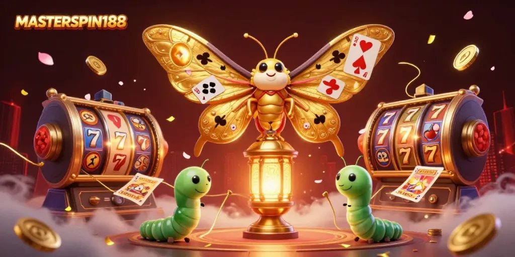 Experience the excitement at MASTERSPIN188 with golden creatures and vibrant slot symbols.