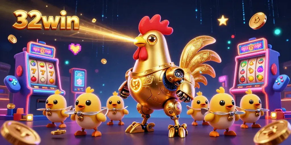 Engage with 32win through an exciting scene featuring a golden rooster robot amidst vibrant slot machines.