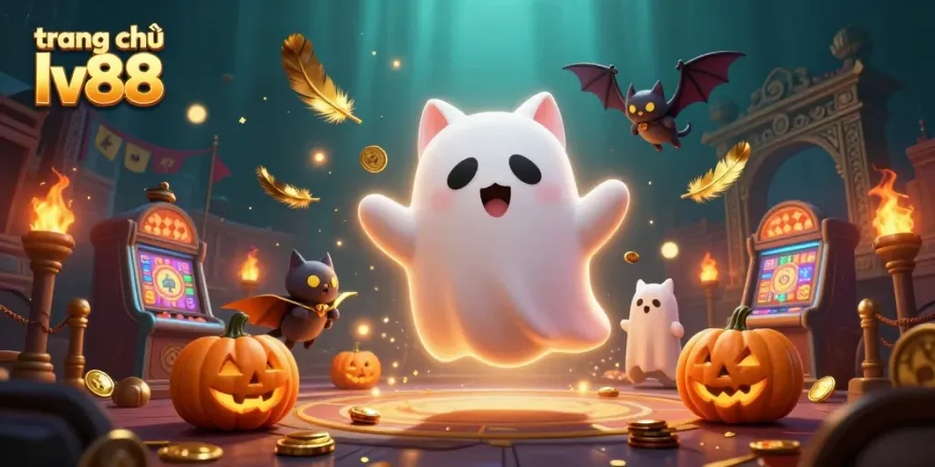 Experience thrilling gameplay at trang chủ lv88 with a lively ghost cat and vampire bat in a haunted casino scene.