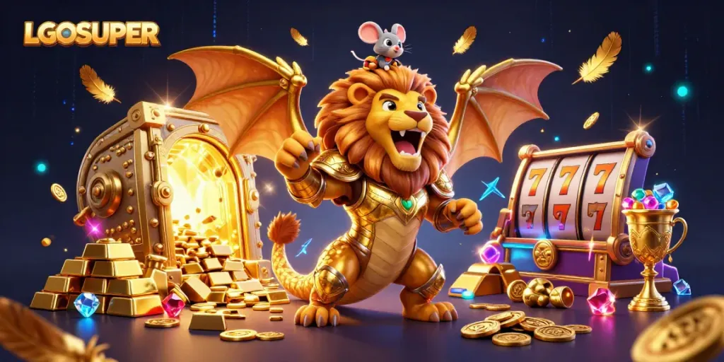 Experience a thrilling play at LGOSUPER, featuring an exciting golden chimera and treasure elements.