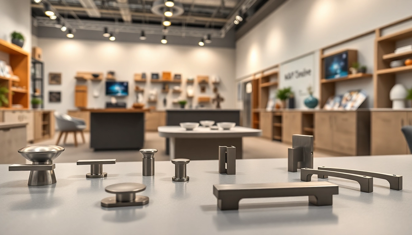 Showcase of a furniture hardware supplier's products in a modern workspace environment.