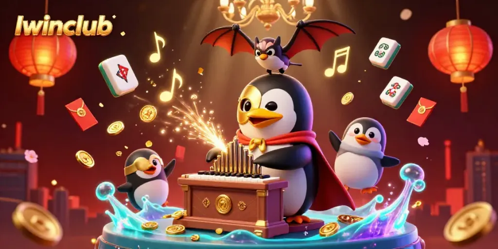 Iwinclub offers an immersive gaming experience with vibrant visuals, featuring a penguin playing a golden pipe organ amidst rich casino elements.