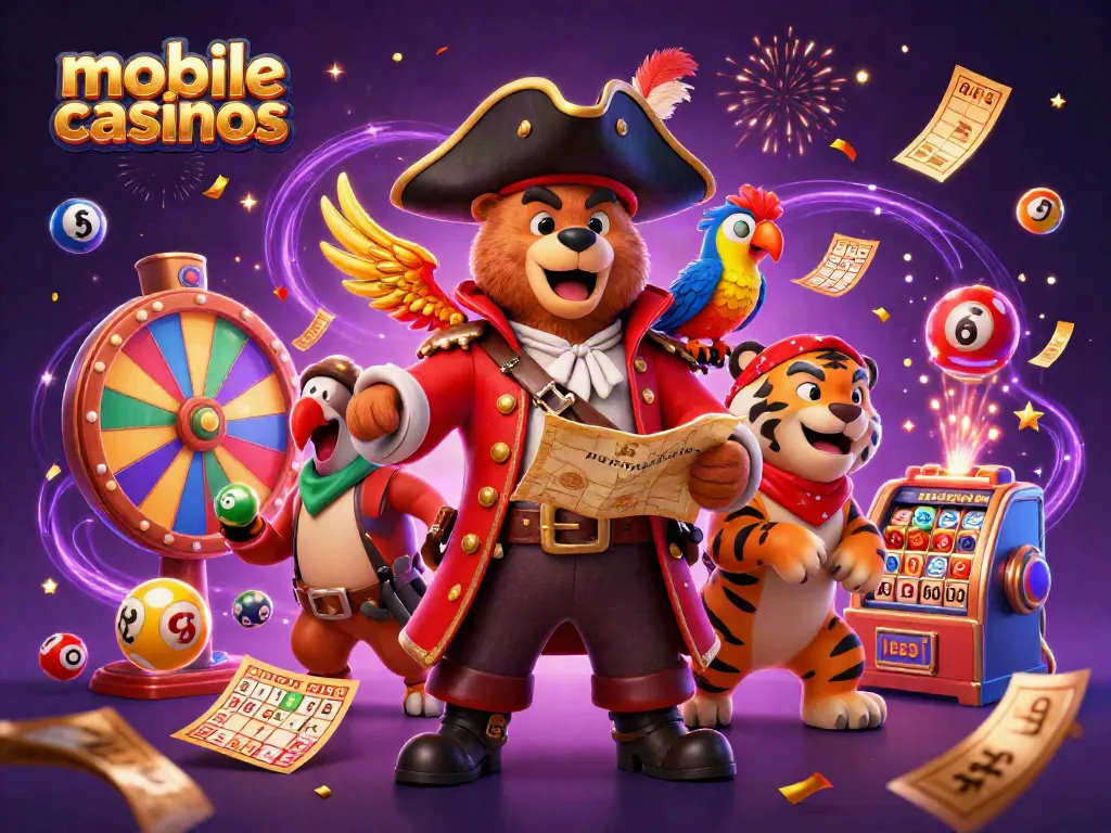 Engage in vibrant mobile casinos with a pirate bear, tiger, and parrot in a festive 3D setting.